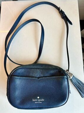 Kate Spade New York Navy Blue Pebbled Leather Camera Crossbody Bag Tassel